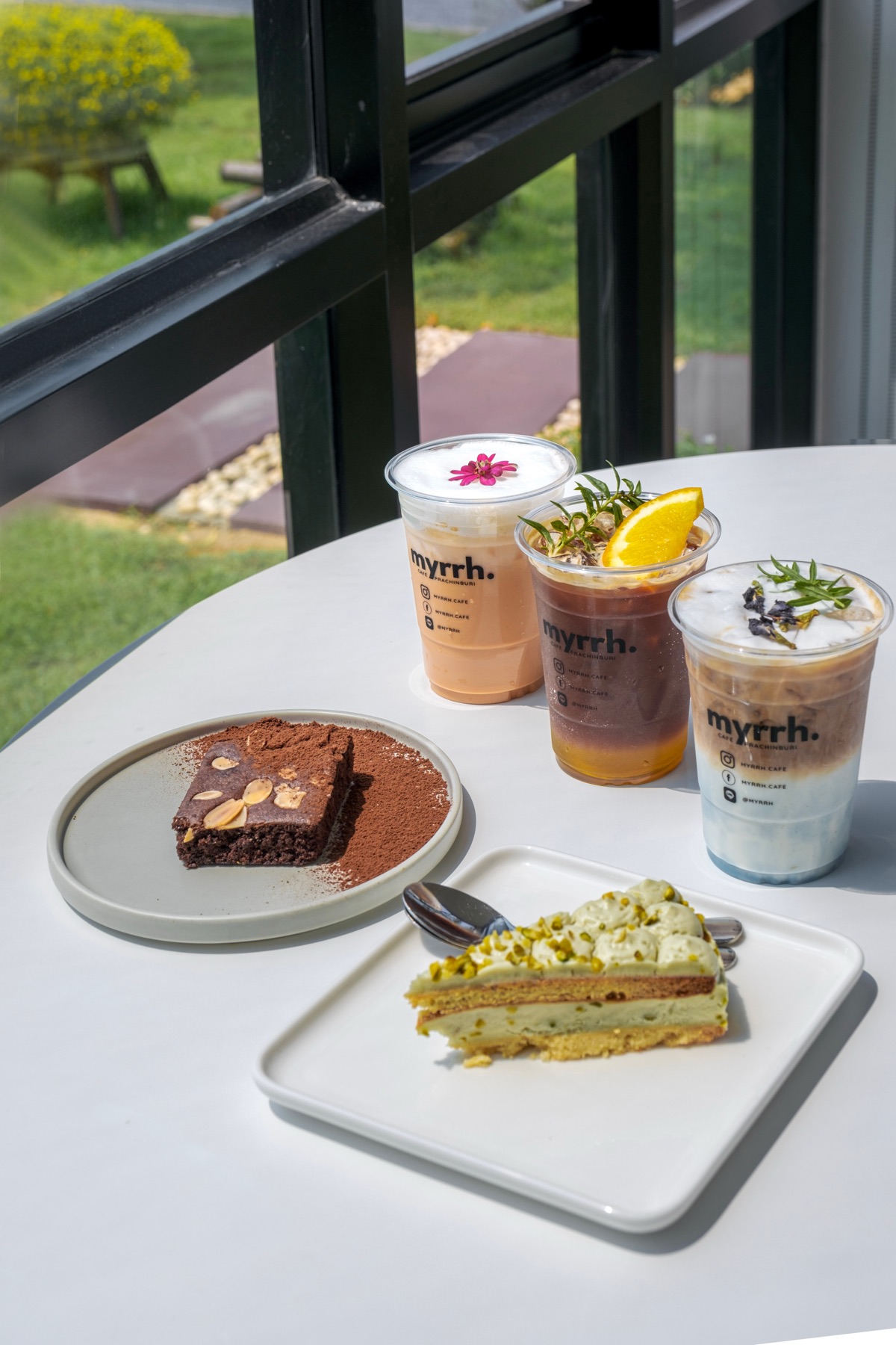 Iced coffees and desserts branded with the myrrh cafe logo
